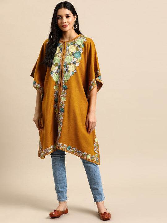 Sangria Floral Embroidered Flared Sleeves Thread Work Acrylic Fusion Kaftan Kurta