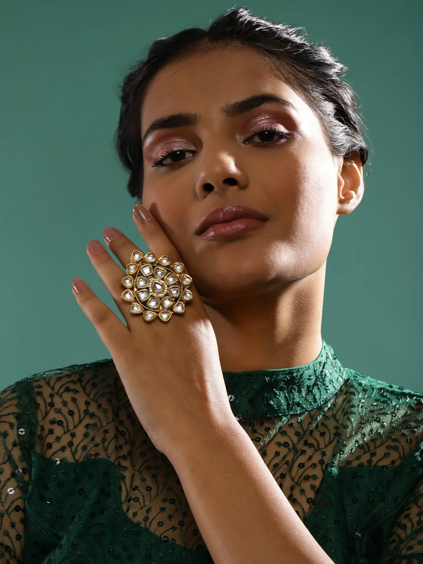 Gold-Polished White Kundan-Studded Adjustable Finger Ring - Ruby Raang