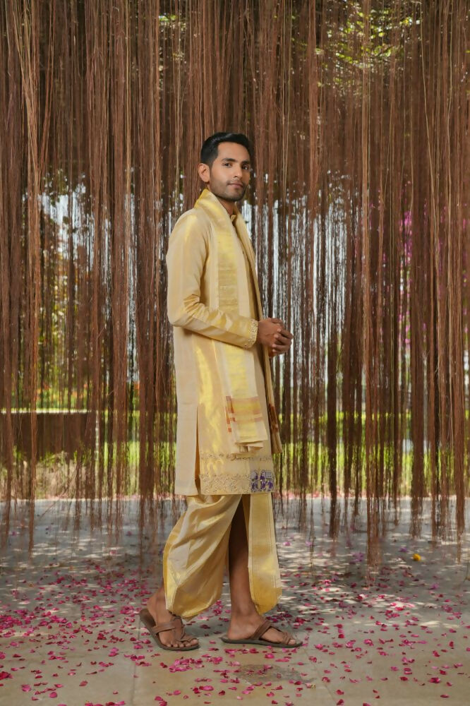 Gold Tissue Kanjivaram Machien Embroidered Pattu Set by Hilo Design