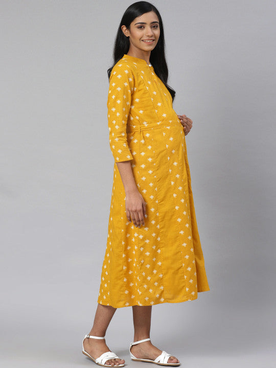 Anayna Women Mustard Yellow & Off-White Printed Pure Cotton Maternity A-Line Dress