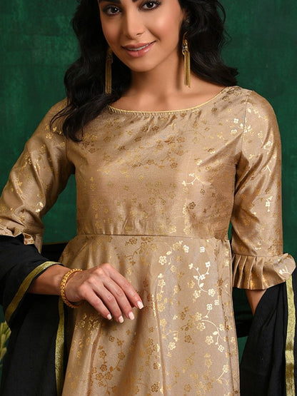Aks Floral Printed Zari Anarkali Kurta With Trousers & Dupatta
