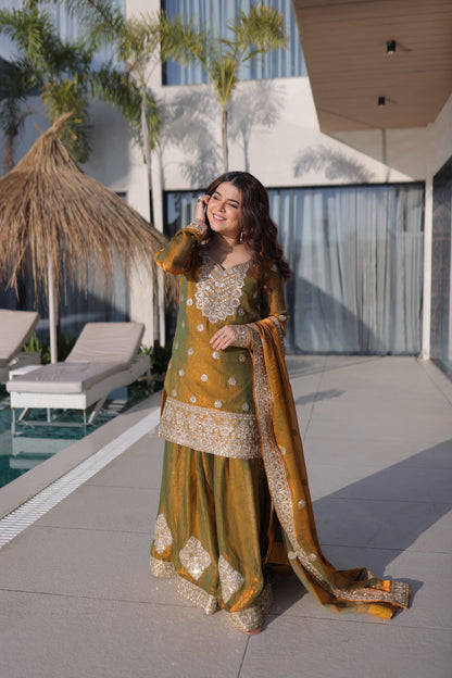 Lorenvalley Fashion Mehendi Fendy Chiffon with Zari Sequins Coding Embroidered work Kurta Palazzo with Dupatta
