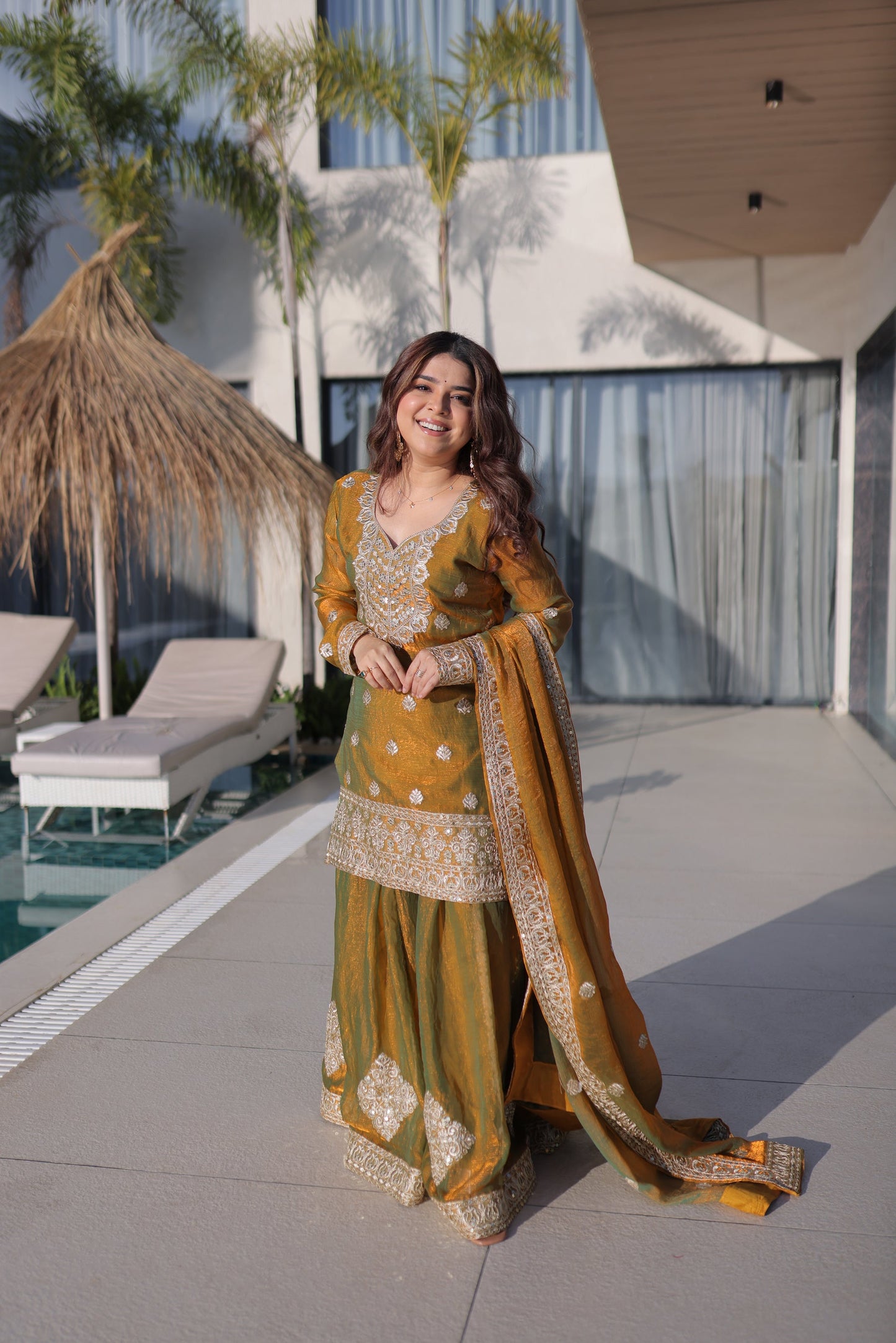 Lorenvalley Fashion Mehendi Fendy Chiffon with Zari Sequins Coding Embroidered work Kurta Palazzo with Dupatta