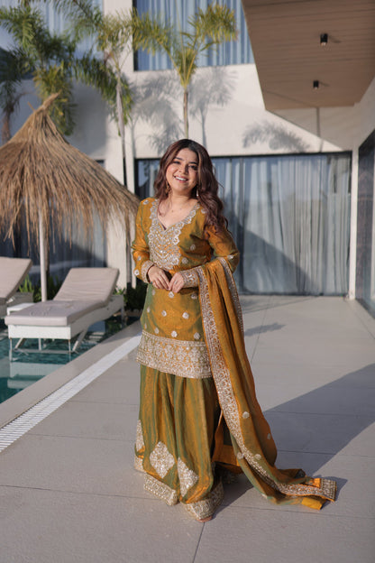Lorenvalley Fashion Mehendi Fendy Chiffon with Zari Sequins Coding Embroidered work Kurta Palazzo with Dupatta