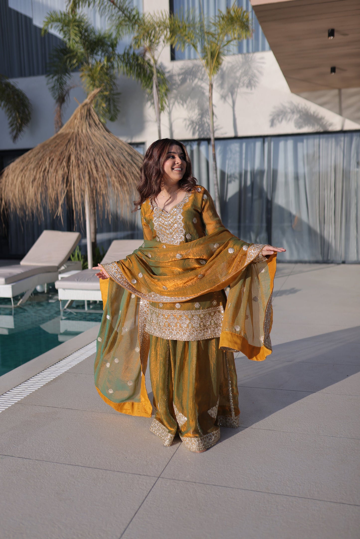Lorenvalley Fashion Mehendi Fendy Chiffon with Zari Sequins Coding Embroidered work Kurta Palazzo with Dupatta