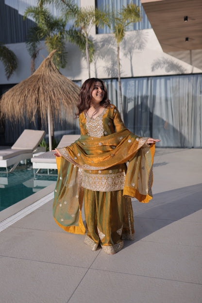 Lorenvalley Fashion Mehendi Fendy Chiffon with Zari Sequins Coding Embroidered work Kurta Palazzo with Dupatta