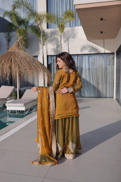 Lorenvalley Fashion Mehendi Fendy Chiffon with Zari Sequins Coding Embroidered work Kurta Palazzo with Dupatta
