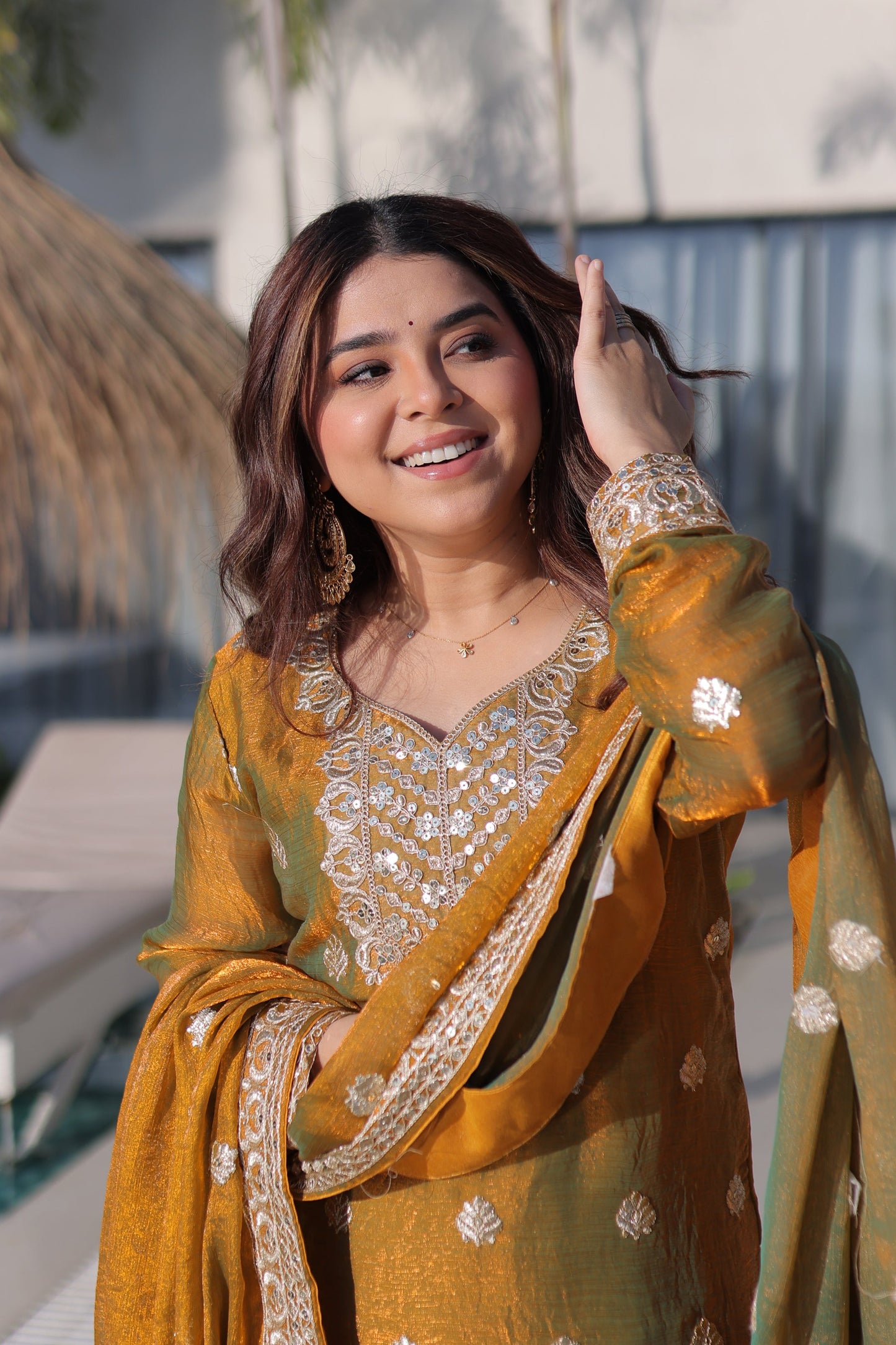 Lorenvalley Fashion Mehendi Fendy Chiffon with Zari Sequins Coding Embroidered work Kurta Palazzo with Dupatta