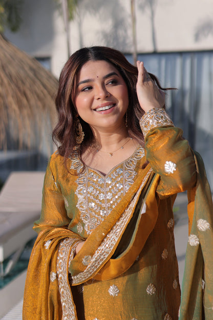 Lorenvalley Fashion Mehendi Fendy Chiffon with Zari Sequins Coding Embroidered work Kurta Palazzo with Dupatta