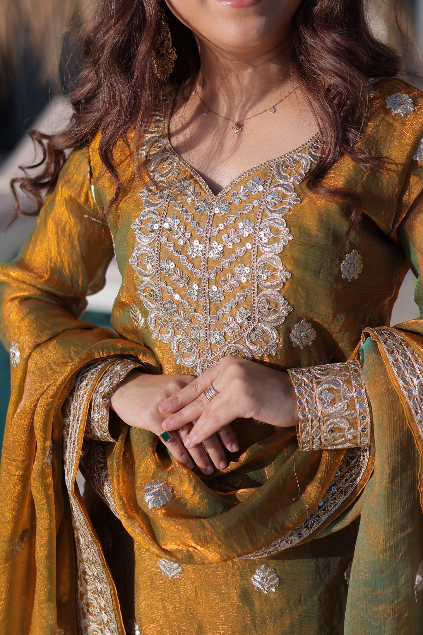 Lorenvalley Fashion Mehendi Fendy Chiffon with Zari Sequins Coding Embroidered work Kurta Palazzo with Dupatta
