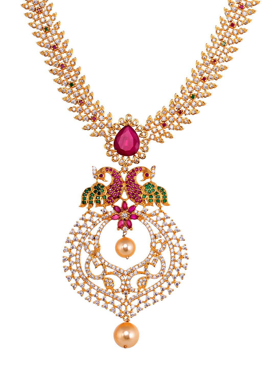 Saraf RS Jewellery Gold-Polished Green & Pink American Diamond Studded & Beaded Handcrafted Jewellery Set
