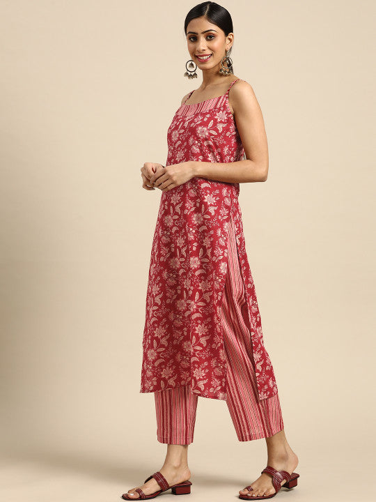 Anayna Women Red & Off-White Ethnic Motifs Printed Pure Cotton Kurta with Trousers