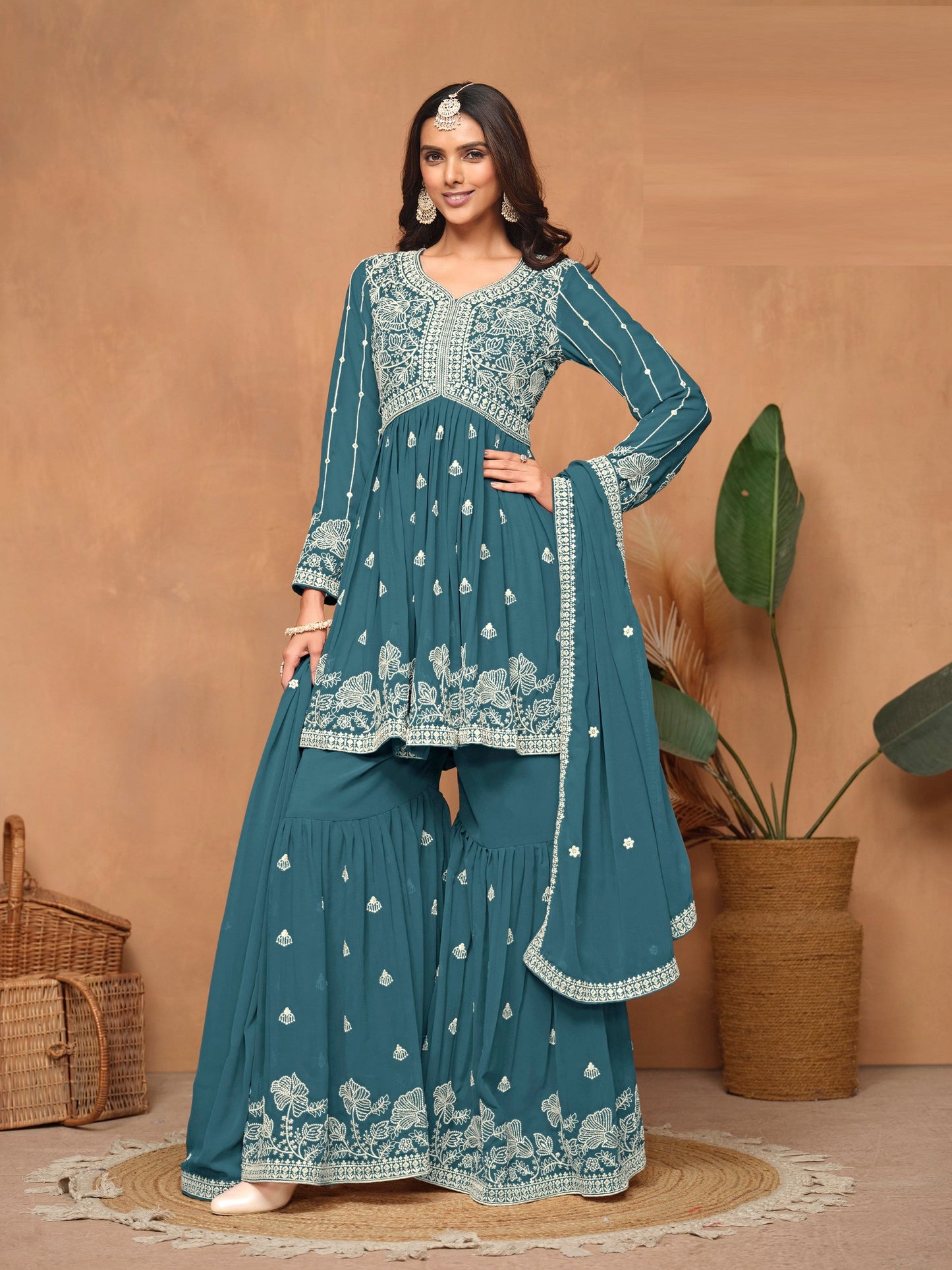 Anaita Teal Embroidered Faux Georgette Sharara Suit