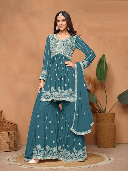 Anaita Teal Embroidered Faux Georgette Sharara Suit