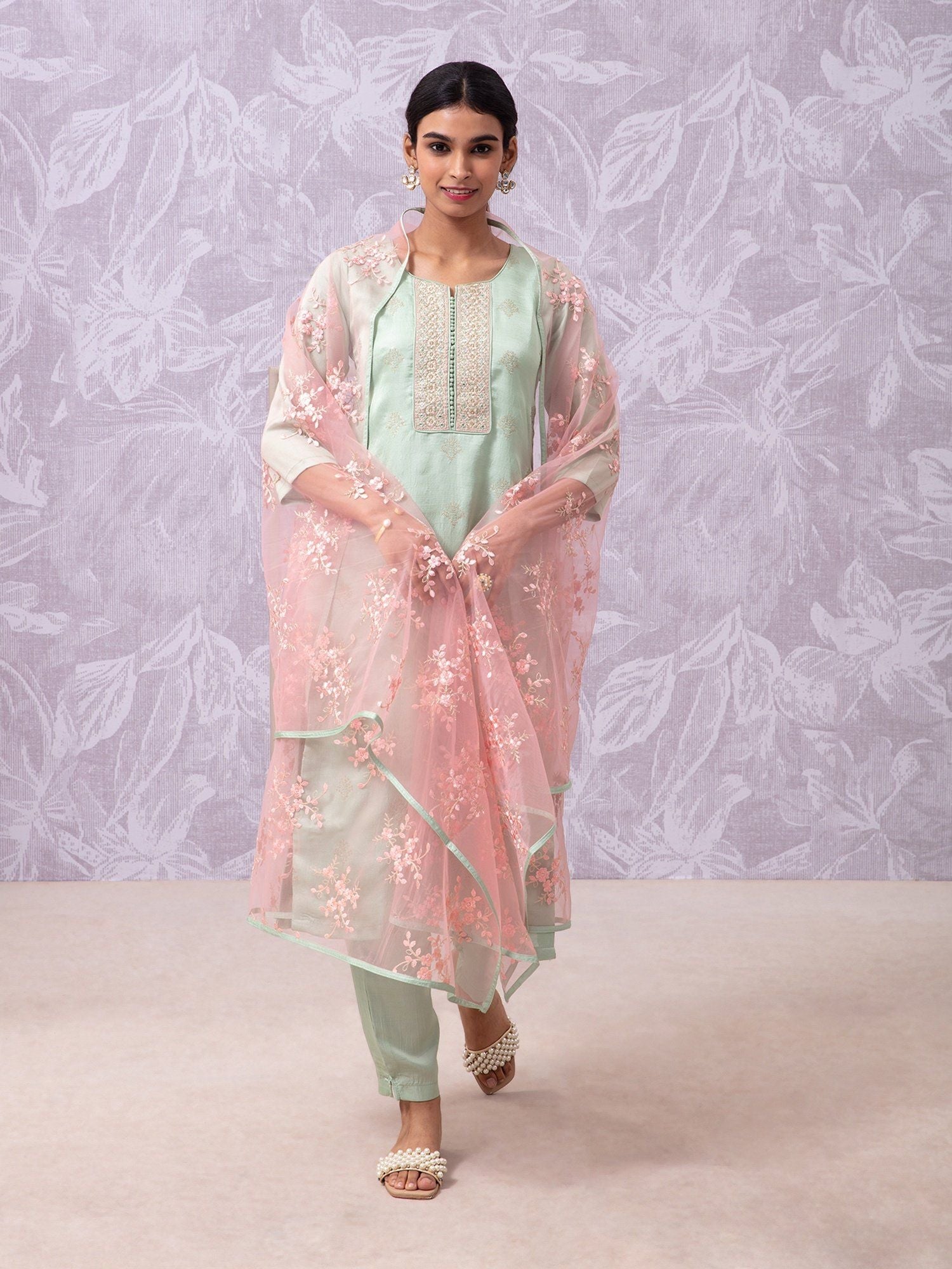 Likha Shaan-e-Avadh Sap Green Sequins Embroidery Kurta, Pant & Dupatta LIKSKD105 (Set of 3)