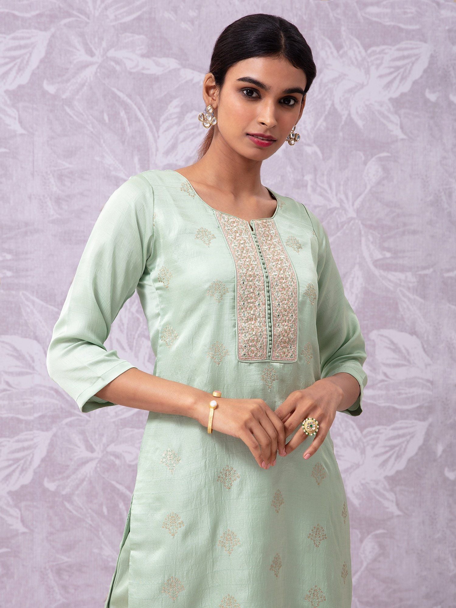 Likha Shaan-e-Avadh Sap Green Sequins Embroidery Kurta, Pant & Dupatta LIKSKD105 (Set of 3)