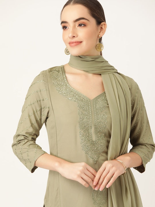 Anouk Women Olive Green Ethnic Motifs Yoke Design Kurta with Palazzos & With Dupatta
