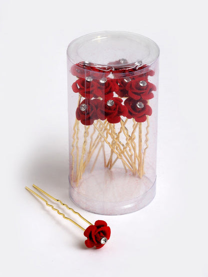 Panash Women Gold-Toned & Red Rose Embellished U Pins