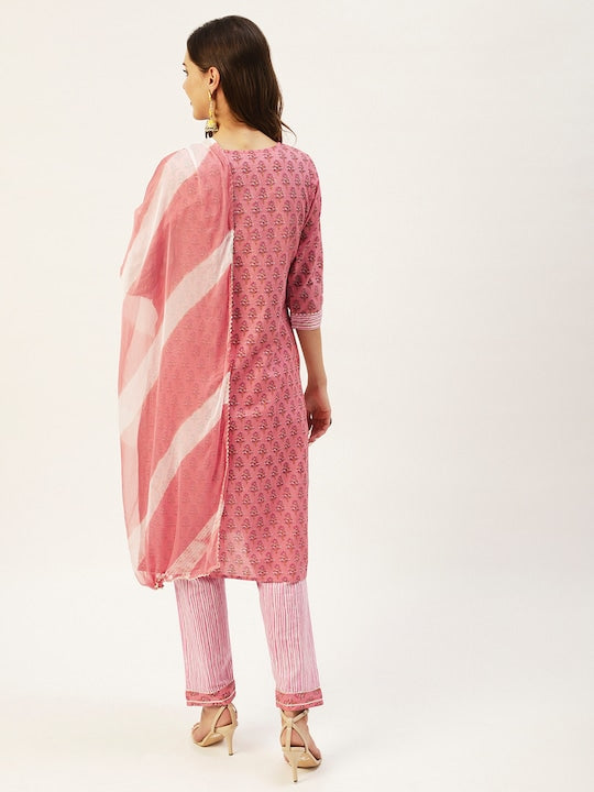 Anubhutee Women Peach Coloured Floral Printed Pure Cotton Kurta with Trousers & With Dupatta