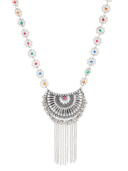 Cardinal Women Silver-Toned Pink & Yellow Stone Studded Jewellery Set