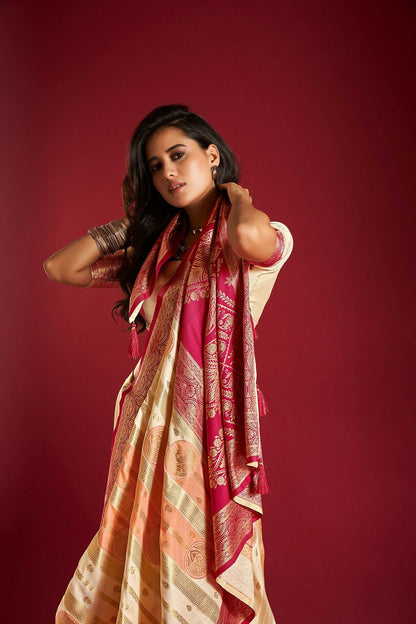 Joban Fashion Cream & Orange Plain With Weaving Border Banarasi Silk Sarees