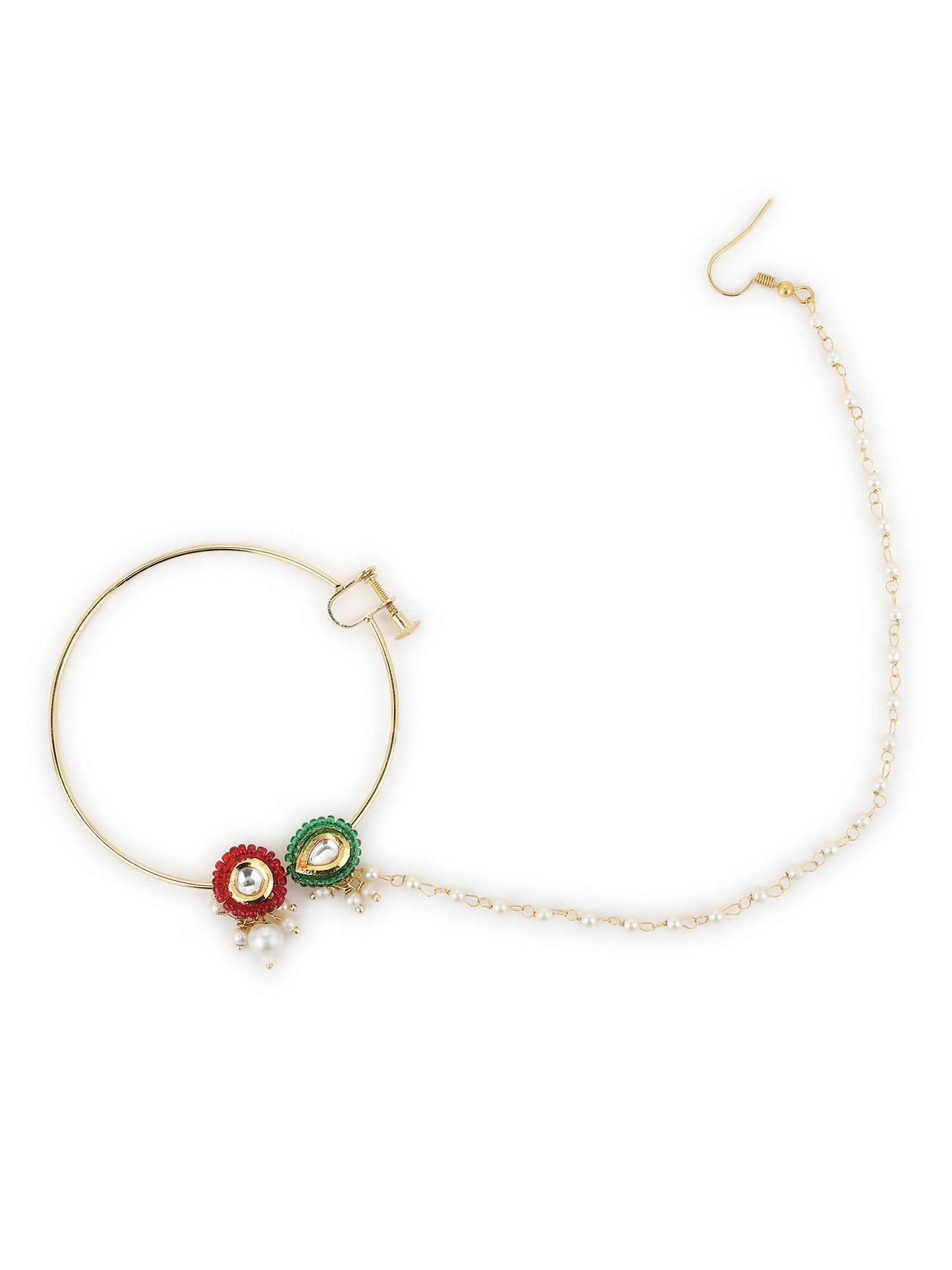 Gold-Polished White Red Stone-Studded Pearl Beaded Nosepin - Ruby Raang