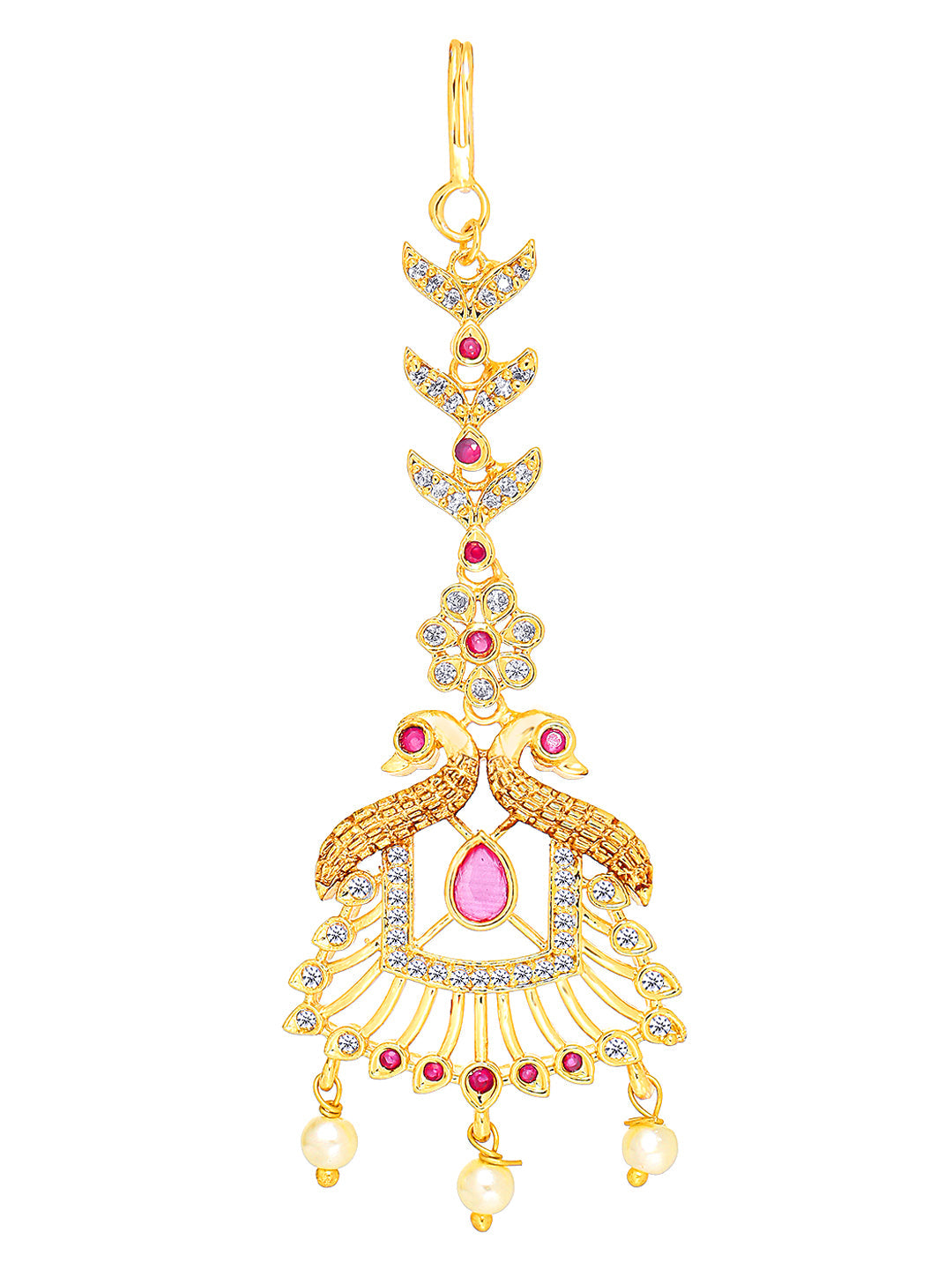 Yellow Chimes Women Gold -Toned Pink & White American Diamond Studded Handcrafted Maang Tikka