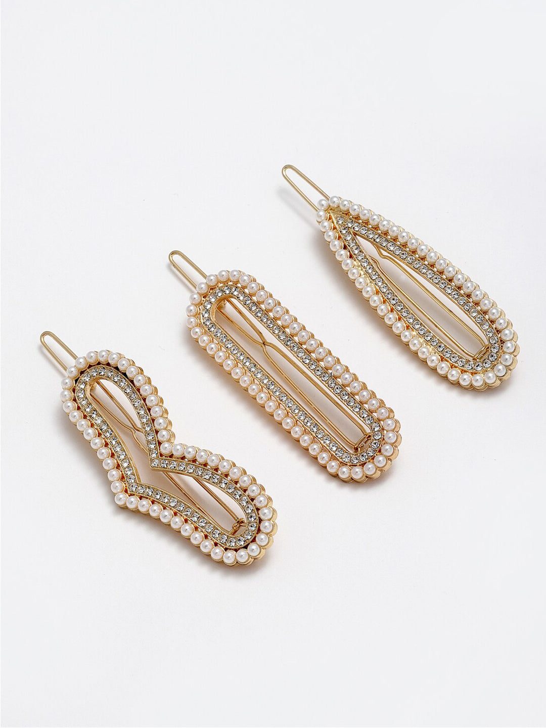 Panash Women Set of 3 Gold-Toned & White Pearls Embellished Bobby Pins