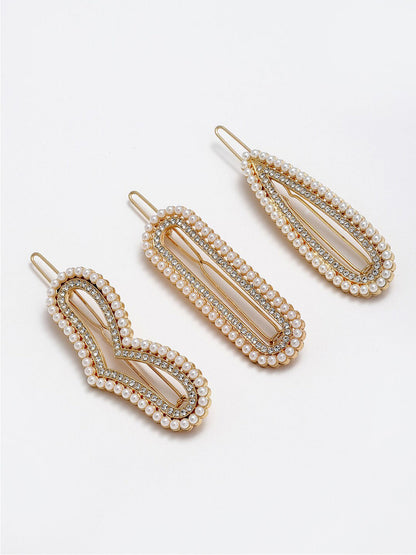 Panash Women Set of 3 Gold-Toned & White Pearls Embellished Bobby Pins