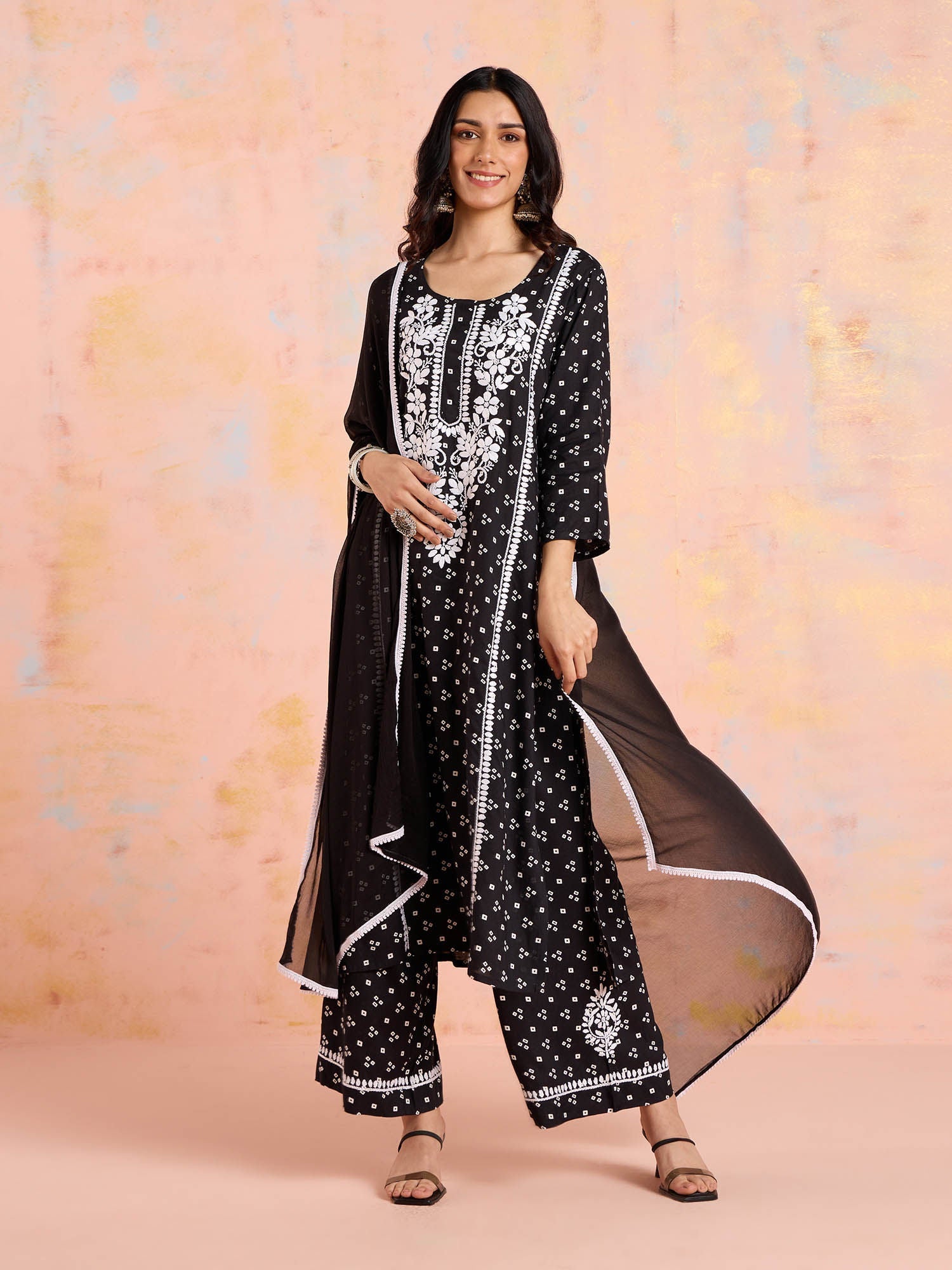 Likha Black Chikankari Kurta Pant & Dupatta (Set of 3)