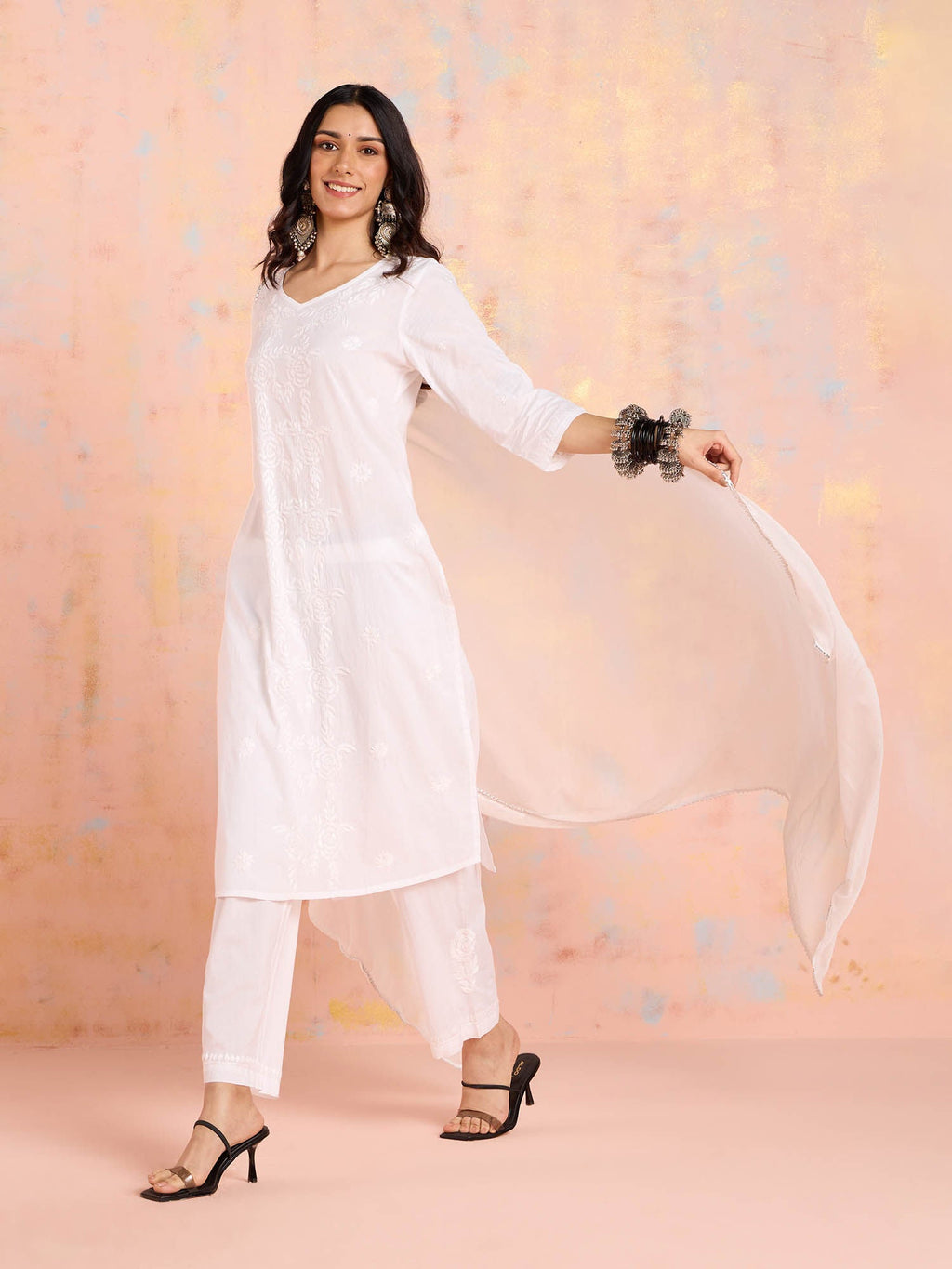 Likha White Tonal Chikankari Kurta Pant & Dupatta (Set of 3)