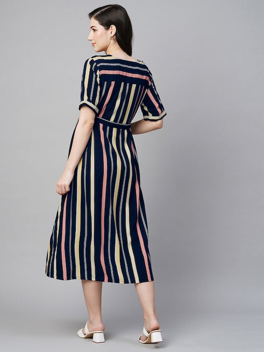 MomToBe Striped V-Neck Maternity Midi A-Line Dress With Belt