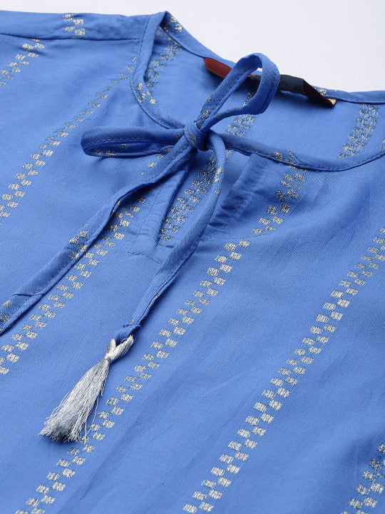 Women Jacquard Chanderi Silk Tie-Up Neck Puff Sleeves Kurta With Sequin Detail
