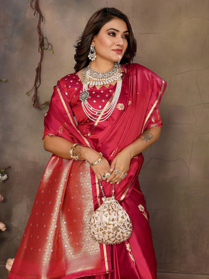 Joban Fashion Red Floral & Botanical Motifs Satin Silk Banarasi Silk Saree