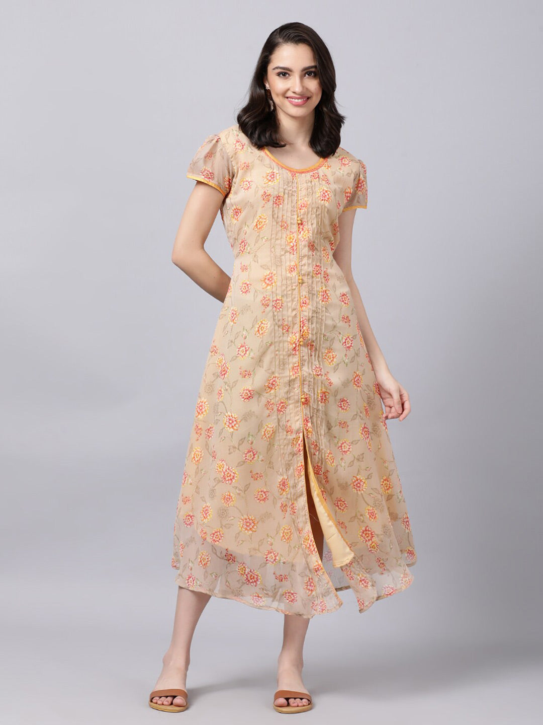 Souchii Women Grey Floral Printed Chiffon A-Line Dress