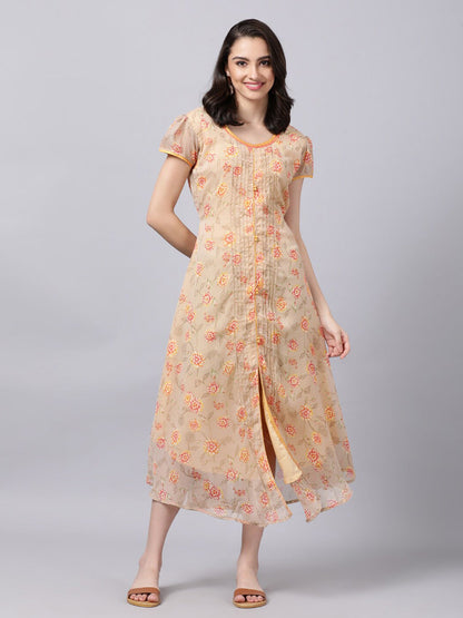 Souchii Women Grey Floral Printed Chiffon A-Line Dress