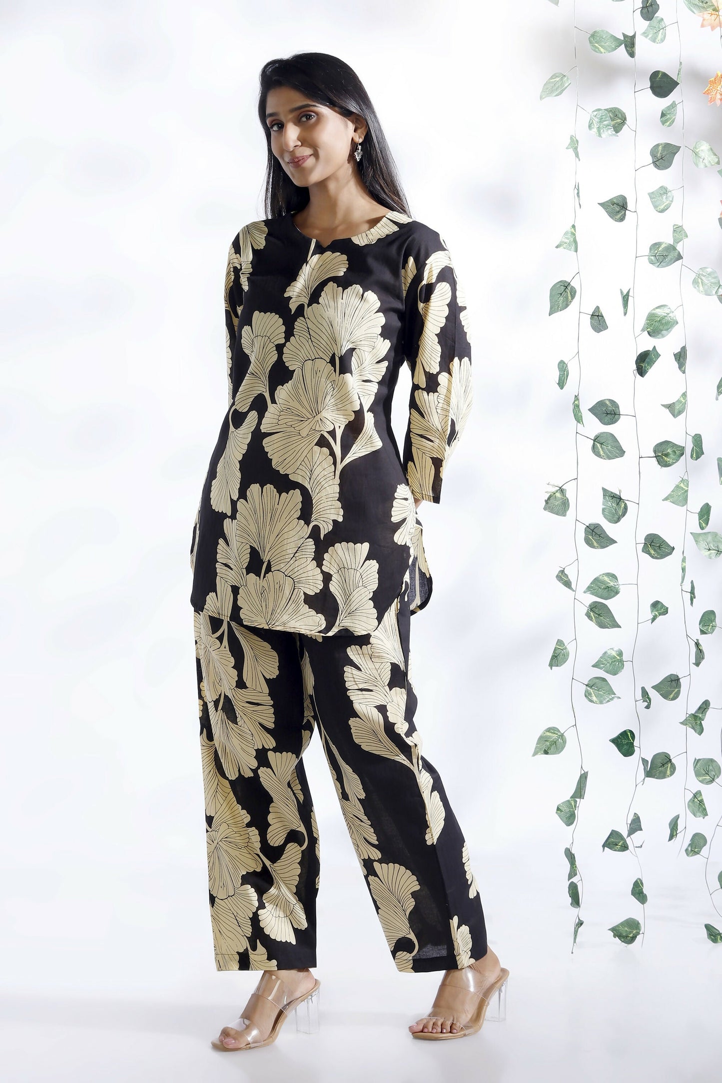 Breathables Black Floral Cotton Kurta & Pant Co-Ord Set