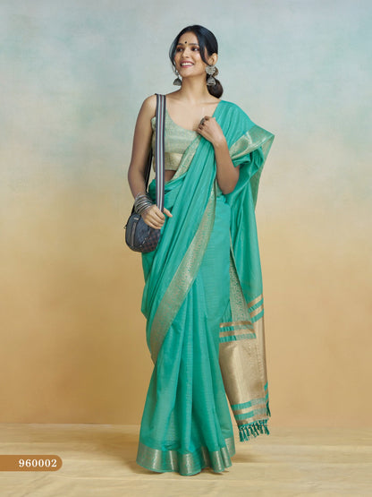 Anaita Mint Handloom Khadi Silk Zari Woven Work Saree With Blouse Piece