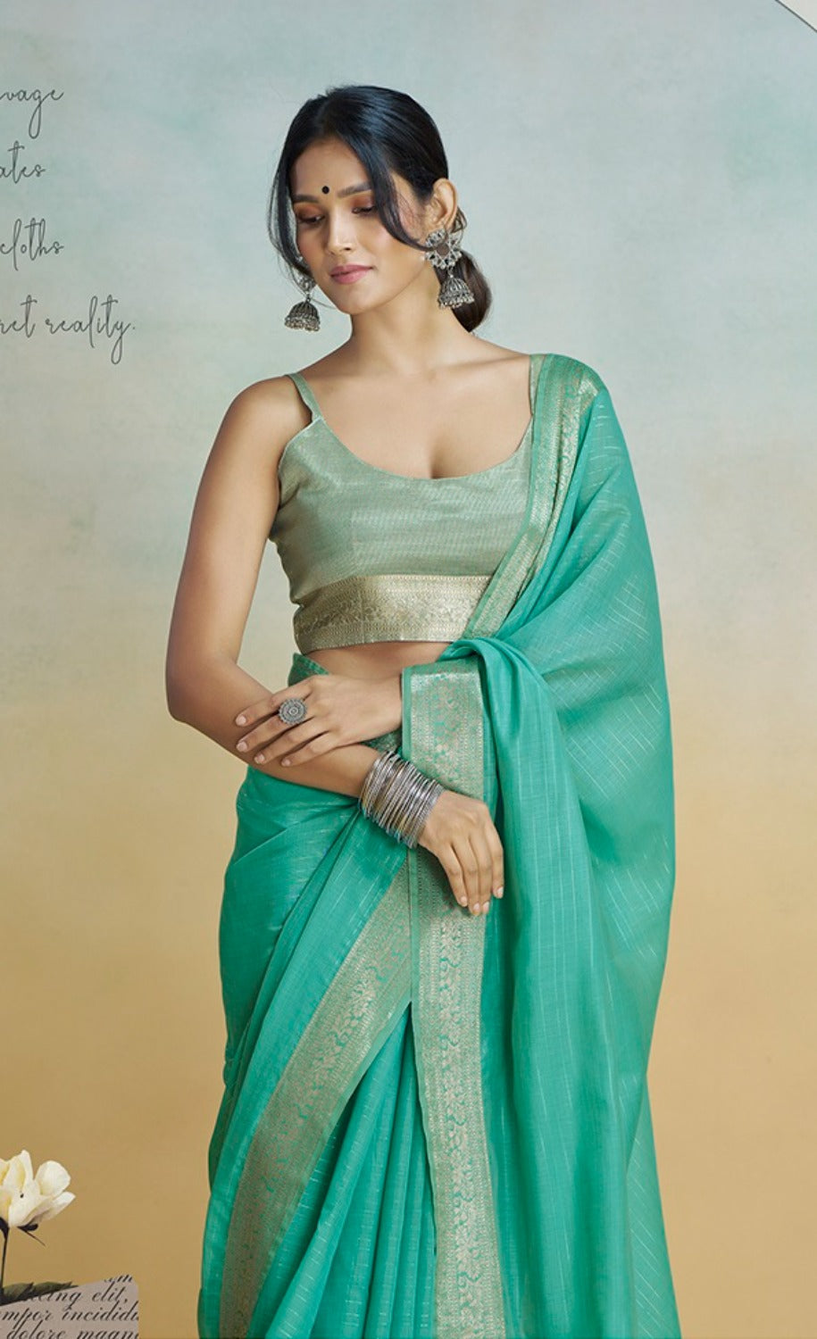Anaita Mint Handloom Khadi Silk Zari Woven Work Saree With Blouse Piece