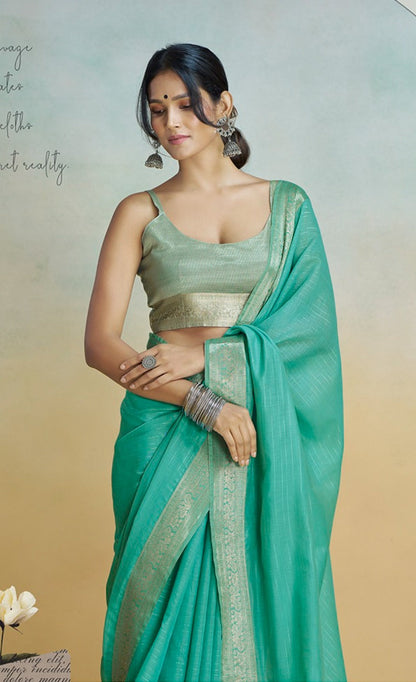 Anaita Mint Handloom Khadi Silk Zari Woven Work Saree With Blouse Piece