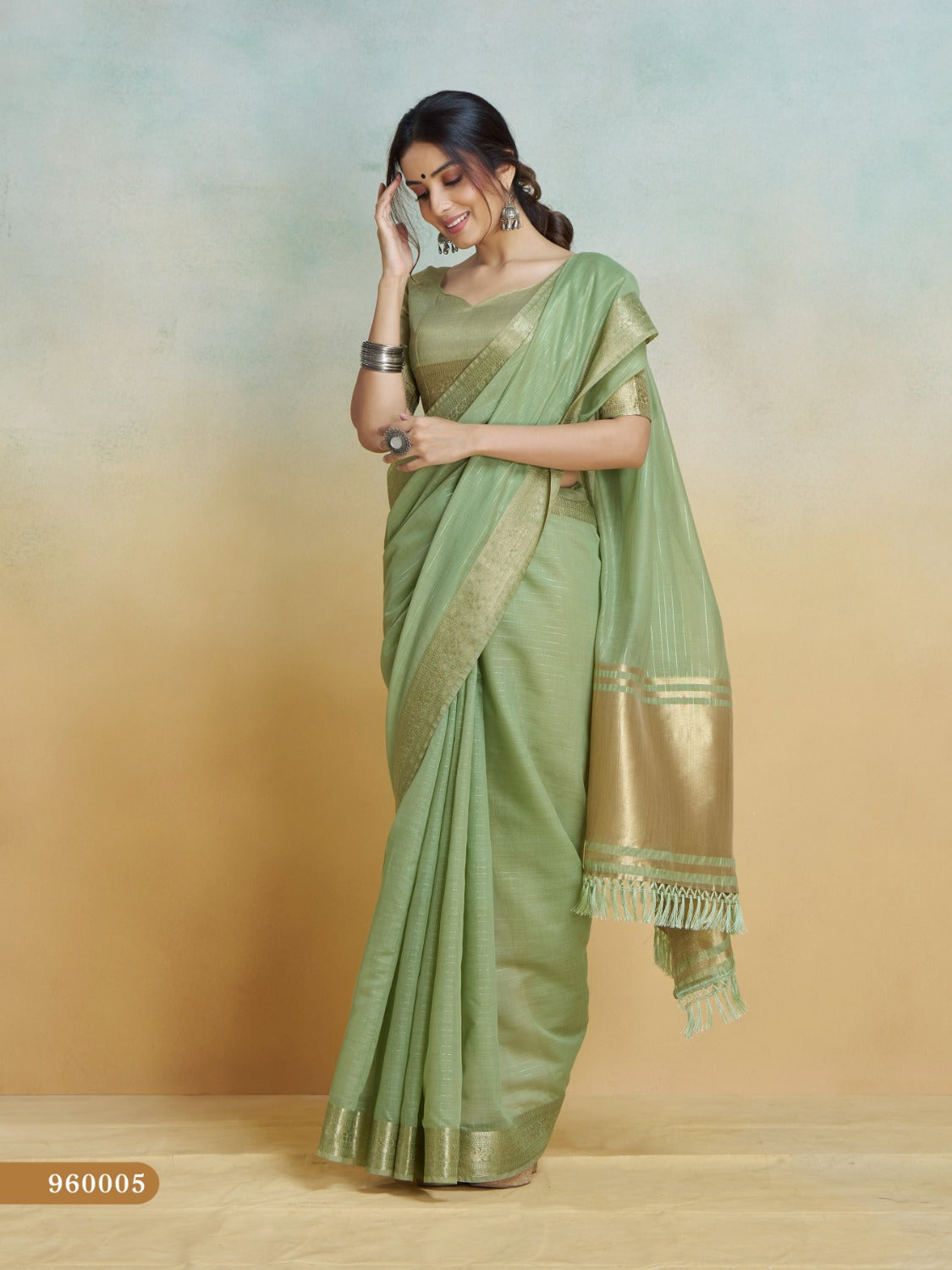 Anaita Olive Handloom Khadi Silk Zari Woven Work Saree With Blouse Piece