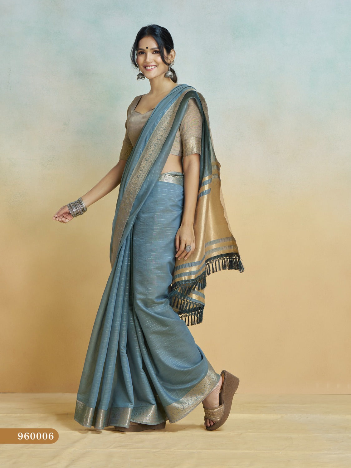 Anaita Blue Handloom Khadi Silk Zari Woven Work Saree With Blouse Piece