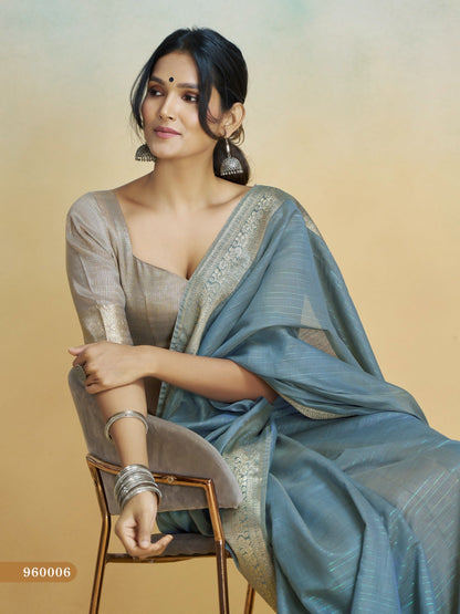 Anaita Blue Handloom Khadi Silk Zari Woven Work Saree With Blouse Piece