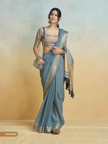 Anaita Blue Handloom Khadi Silk Zari Woven Work Saree With Blouse Piece
