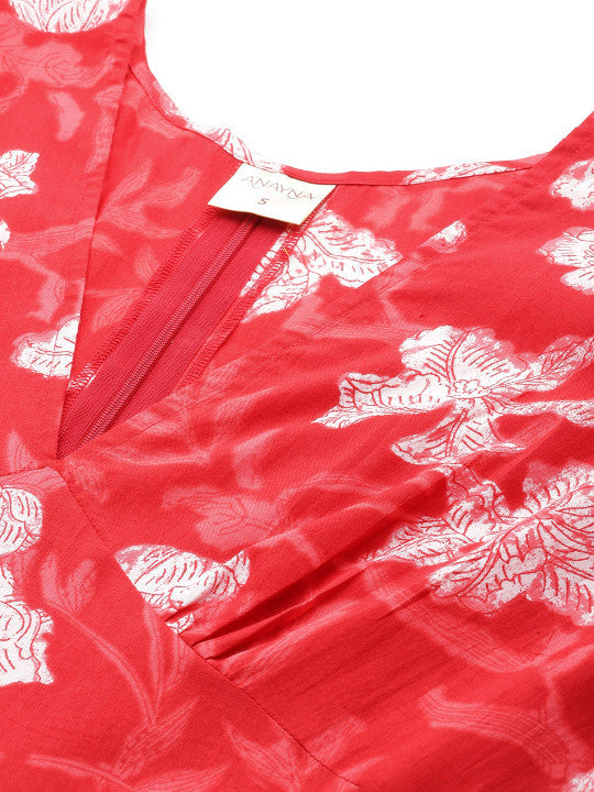 Anayna Floral Print Puff Sleeves Pure Cotton A-Line Midi Dress