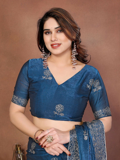 Teeya Creation New Trendy Party Wear Soft Satin Chiffon Saree-Blue