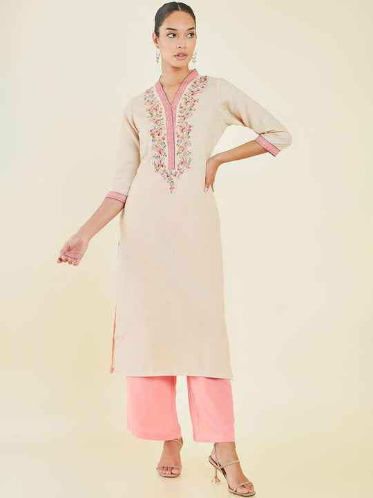 Soch V Neck Floral Embroidered Straight Kurta
