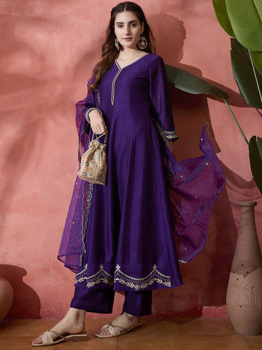 Sangria Floral Embroidered V-Neck A-Line Kurta With Trousers & Dupatta