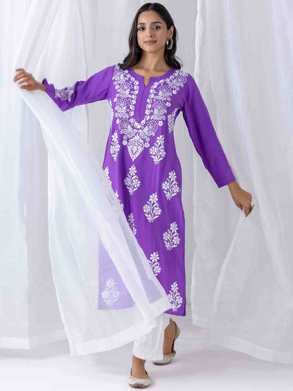 HOUSE OF KARI Floral Chikankari Embroidered Notched Round Neck Straight Kurta