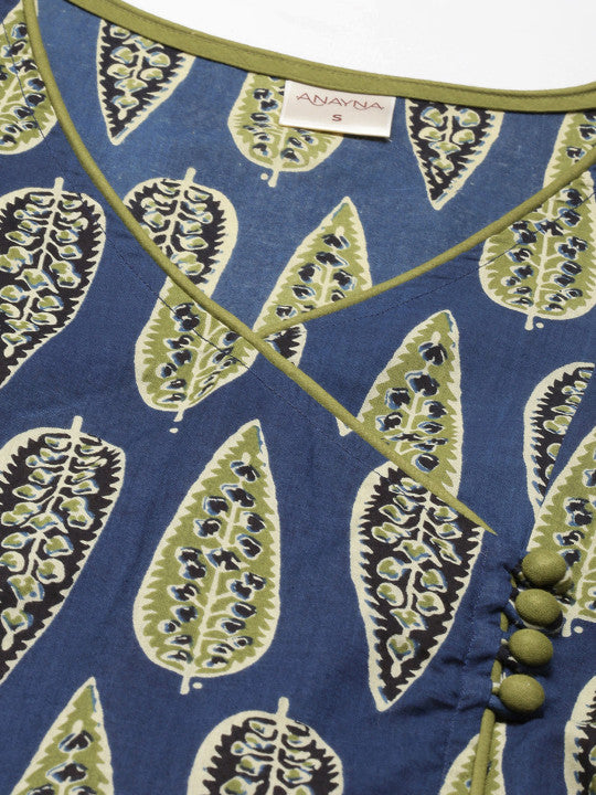Anayna Women Navy Blue & Green Ethnic Motifs Printed Cotton Kurta